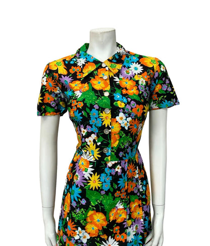 VTG 60S FLORAL BLACK YELLOW ORANGE BLUE PLEATED DAGGER SHIRT DRESS 14