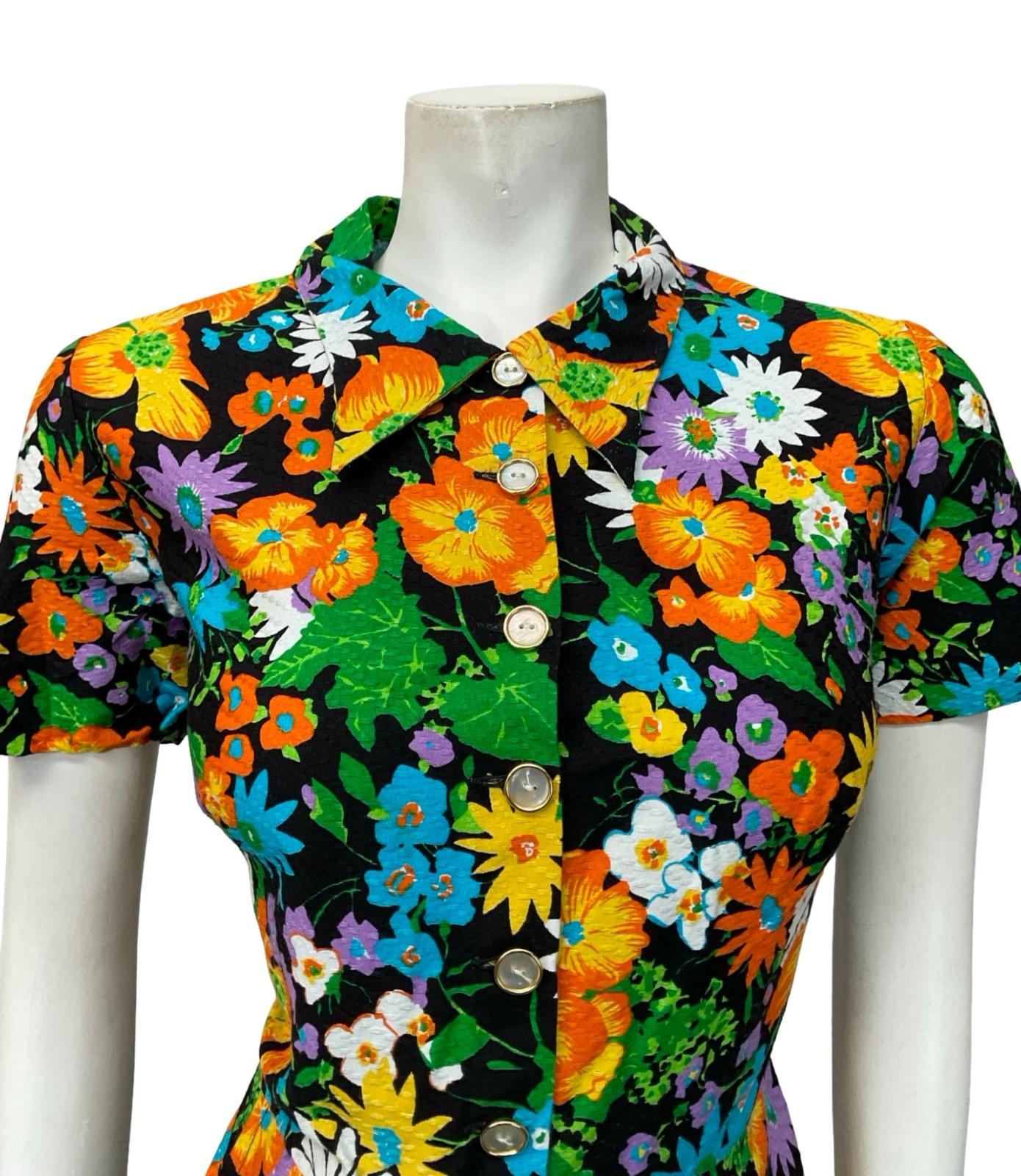 VTG 60S FLORAL BLACK YELLOW ORANGE BLUE PLEATED DAGGER SHIRT DRESS 14