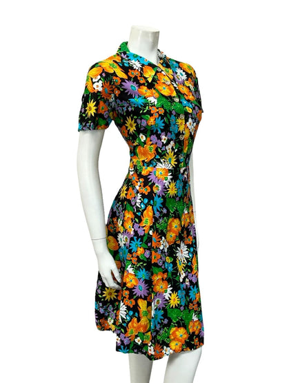 VTG 60S FLORAL BLACK YELLOW ORANGE BLUE PLEATED DAGGER SHIRT DRESS 14