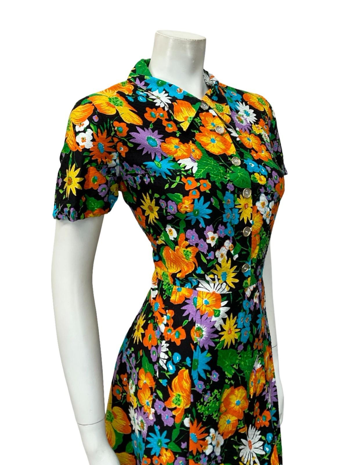 VTG 60S FLORAL BLACK YELLOW ORANGE BLUE PLEATED DAGGER SHIRT DRESS 14