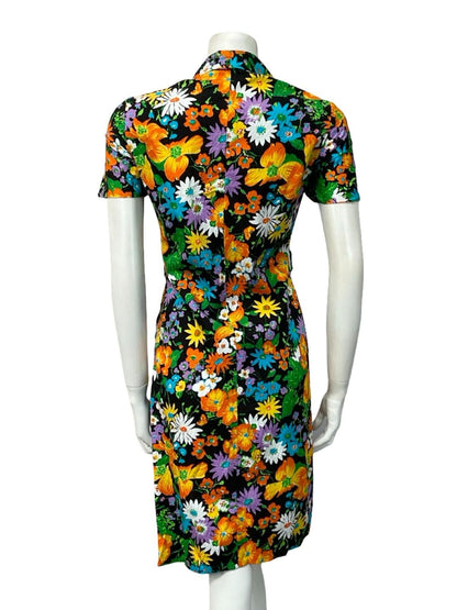 VTG 60S FLORAL BLACK YELLOW ORANGE BLUE PLEATED DAGGER SHIRT DRESS 14
