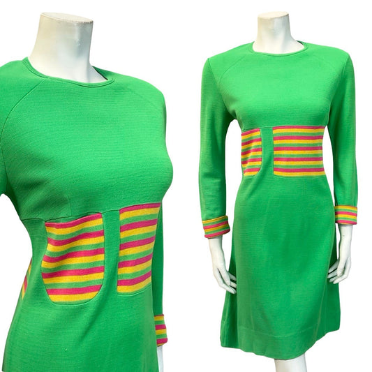 VTG 60S MOD GREEN PINK YELLOW STRIPED COLOUR BLOCK SHIFT KNIT DRESS 12 10