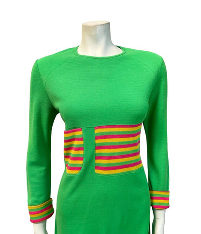 VTG 60S MOD GREEN PINK YELLOW STRIPED COLOUR BLOCK SHIFT KNIT DRESS 12 10