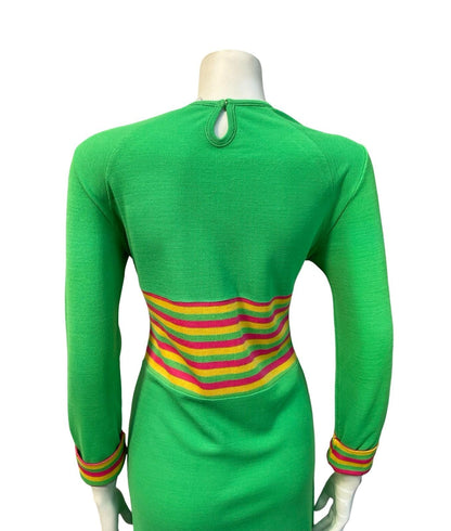 VTG 60S MOD GREEN PINK YELLOW STRIPED COLOUR BLOCK SHIFT KNIT DRESS 12 10