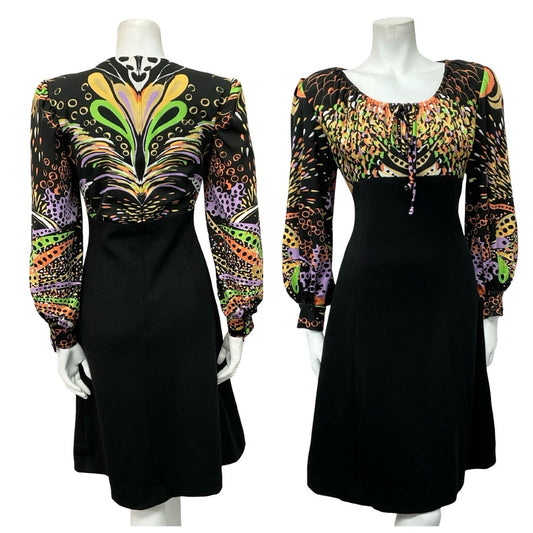 VTG BLACK PURPLE GREEN ORANGE YELLOW PSYCHEDELIC SWIRL EMPIRE MIDI DRESS 12