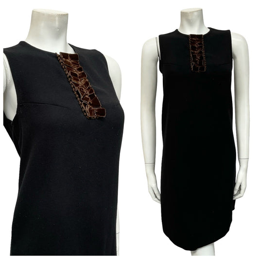 VTG 60S MOD GOGO BLACK FELT BROWN VELVET PARTY SHIFT SLEEVELESS MINI DRESS 10