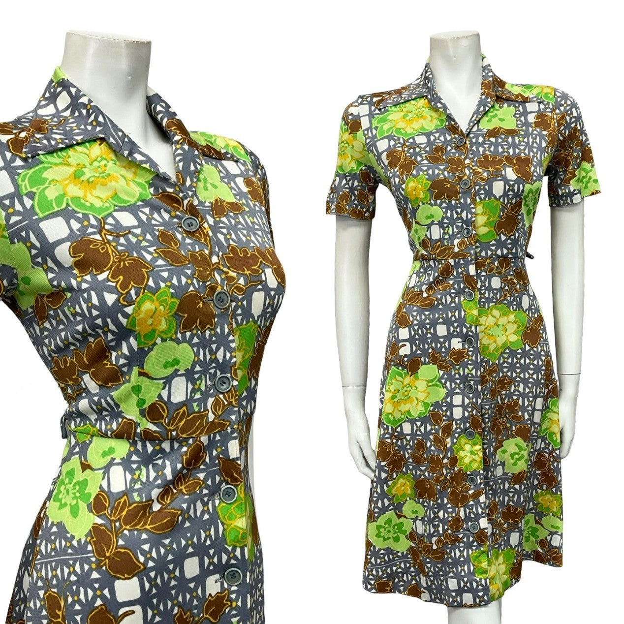 VTG 60S 70S WHITE GREY GREEN BROWN FLORAL GEOMETRIC DAGGER SHIRT DRESS 8