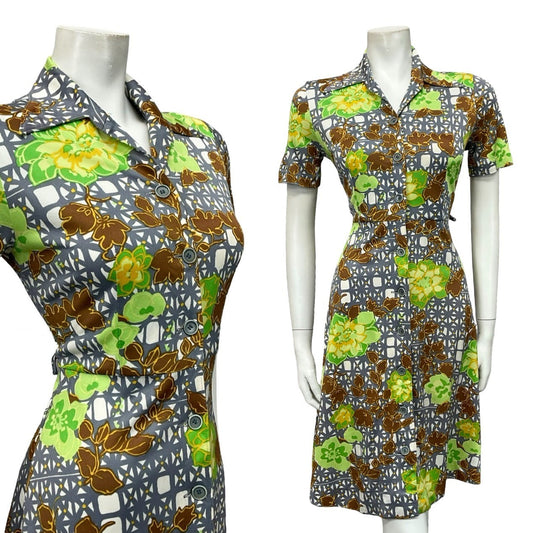 VTG 60S 70S WHITE GREY GREEN BROWN FLORAL GEOMETRIC DAGGER SHIRT DRESS 8