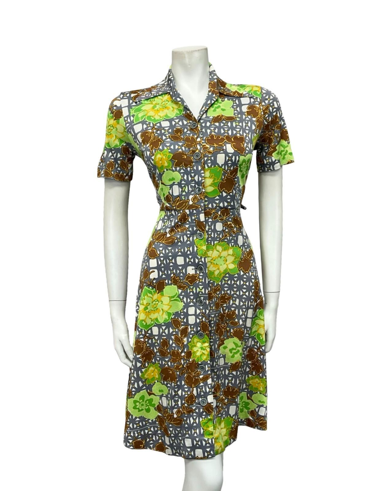 VTG 60S 70S WHITE GREY GREEN BROWN FLORAL GEOMETRIC DAGGER SHIRT DRESS 8