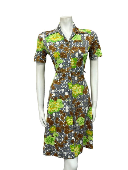 VTG 60S 70S WHITE GREY GREEN BROWN FLORAL GEOMETRIC DAGGER SHIRT DRESS 8