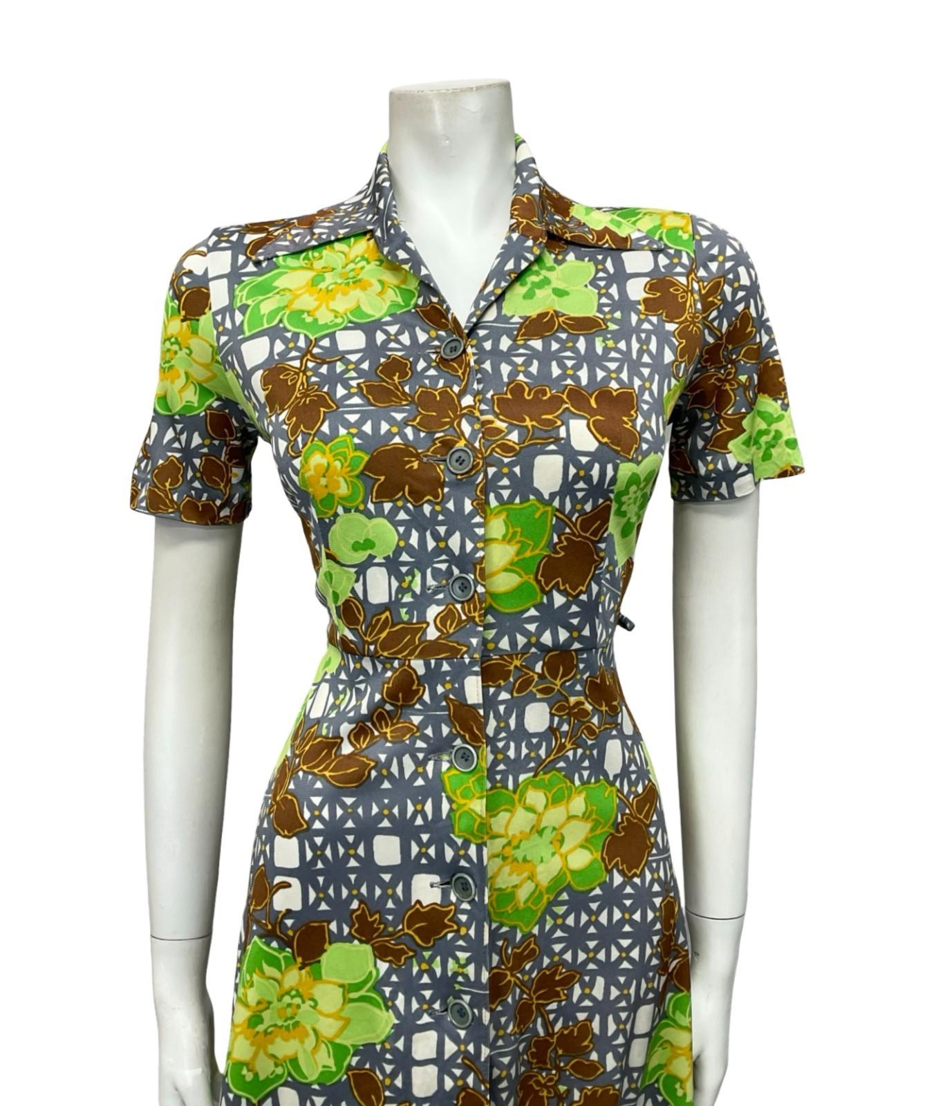 VTG 60S 70S WHITE GREY GREEN BROWN FLORAL GEOMETRIC DAGGER SHIRT DRESS 8