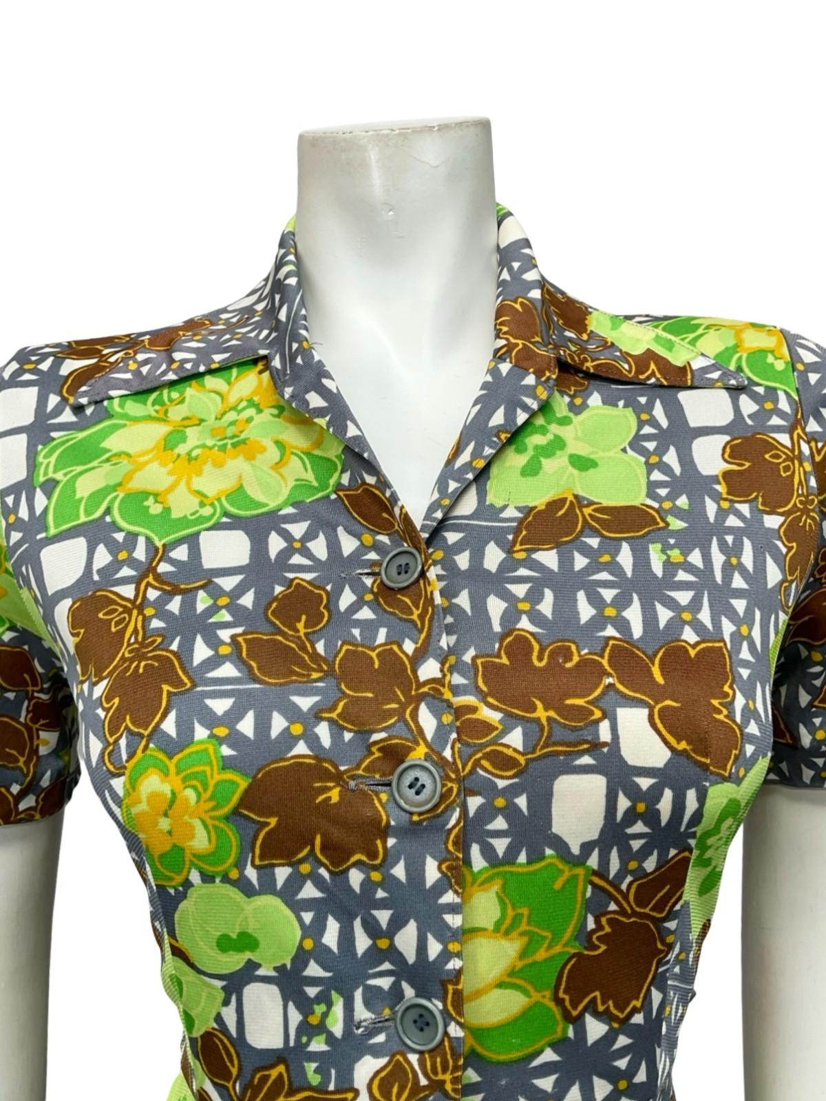 VTG 60S 70S WHITE GREY GREEN BROWN FLORAL GEOMETRIC DAGGER SHIRT DRESS 8