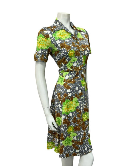 VTG 60S 70S WHITE GREY GREEN BROWN FLORAL GEOMETRIC DAGGER SHIRT DRESS 8