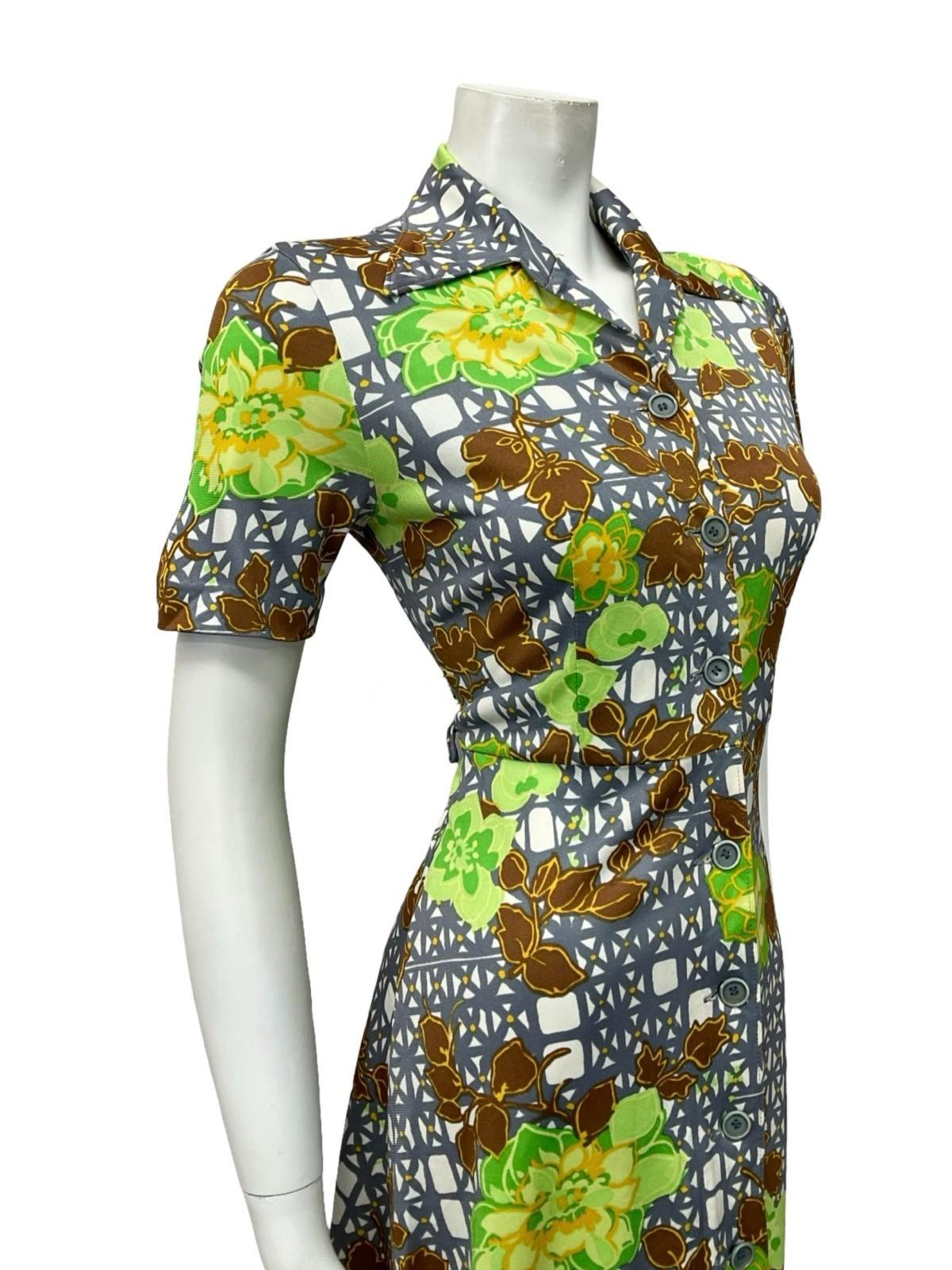 VTG 60S 70S WHITE GREY GREEN BROWN FLORAL GEOMETRIC DAGGER SHIRT DRESS 8