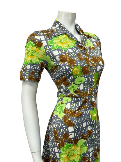 VTG 60S 70S WHITE GREY GREEN BROWN FLORAL GEOMETRIC DAGGER SHIRT DRESS 8