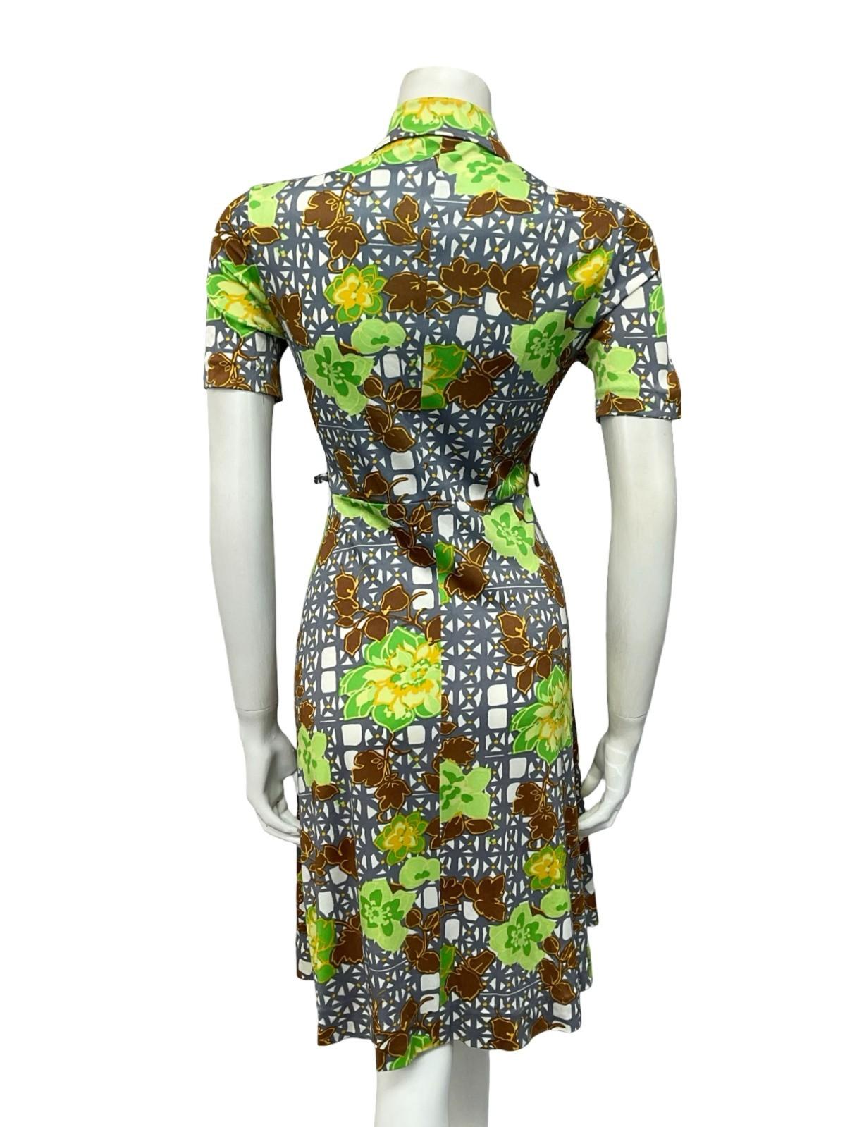 VTG 60S 70S WHITE GREY GREEN BROWN FLORAL GEOMETRIC DAGGER SHIRT DRESS 8
