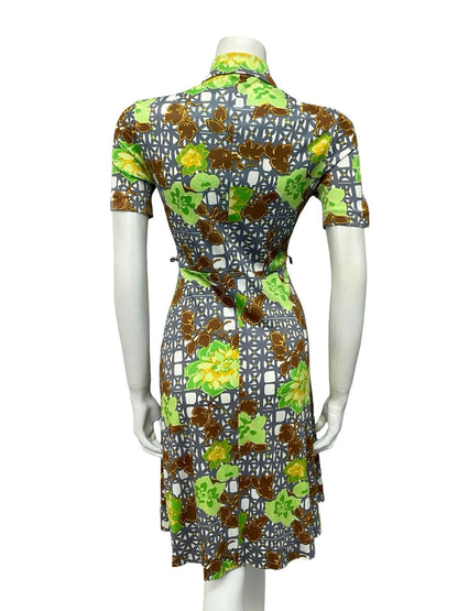 VTG 60S 70S WHITE GREY GREEN BROWN FLORAL GEOMETRIC DAGGER SHIRT DRESS 8
