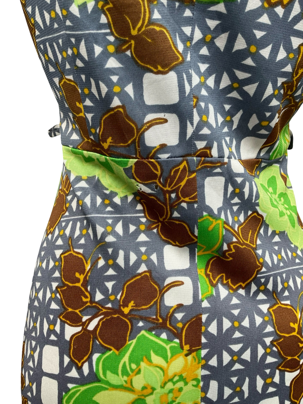 VTG 60S 70S WHITE GREY GREEN BROWN FLORAL GEOMETRIC DAGGER SHIRT DRESS 8