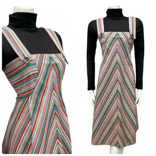 VTG 70S BLUE RED PINK YELLOW WHITE STRIPED MOD PINAFORE EMPIRE MIDI DRESS 10 12