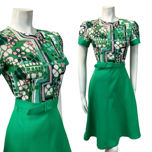VTG 60S GREEN PINK WHITE FLORAL CLOVER A LINE BELTED SWING ROCKABILLY DRESS 8