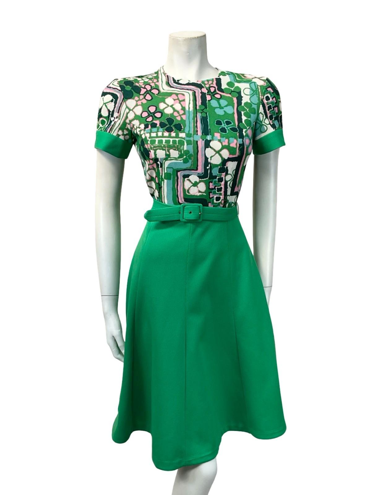 VTG 60S GREEN PINK WHITE FLORAL CLOVER A LINE BELTED SWING ROCKABILLY DRESS 8