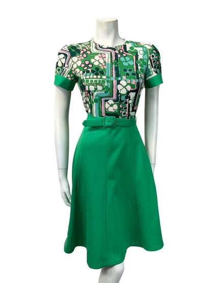 VTG 60S GREEN PINK WHITE FLORAL CLOVER A LINE BELTED SWING ROCKABILLY DRESS 8
