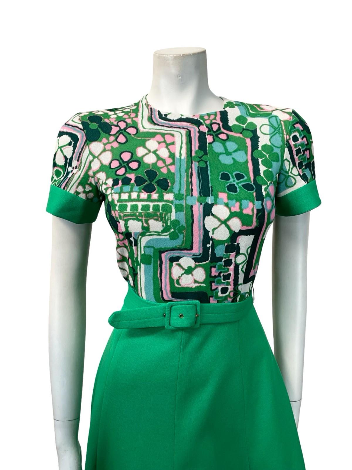 VTG 60S GREEN PINK WHITE FLORAL CLOVER A LINE BELTED SWING ROCKABILLY DRESS 8