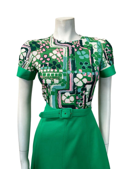 VTG 60S GREEN PINK WHITE FLORAL CLOVER A LINE BELTED SWING ROCKABILLY DRESS 8