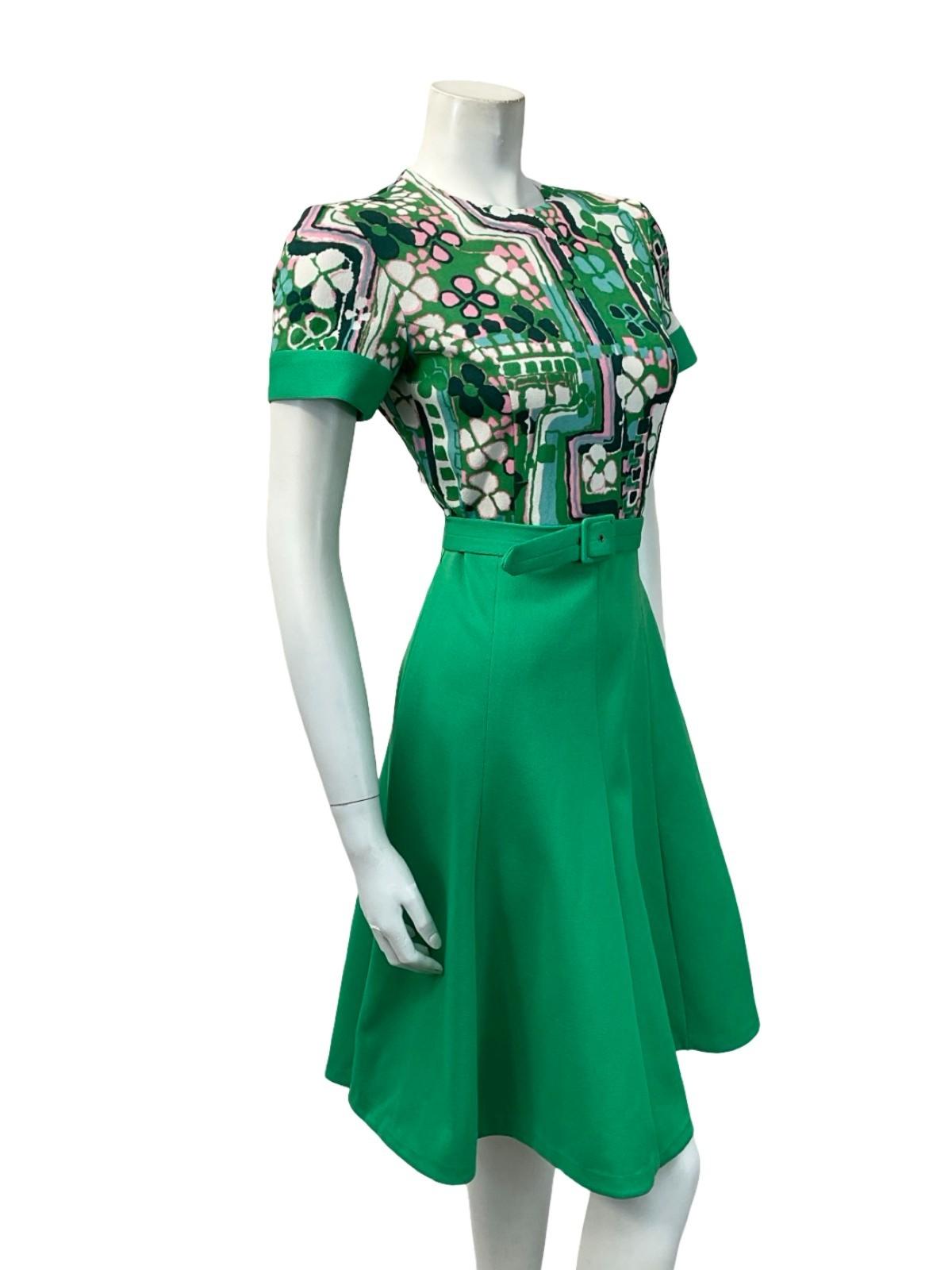 VTG 60S GREEN PINK WHITE FLORAL CLOVER A LINE BELTED SWING ROCKABILLY DRESS 8