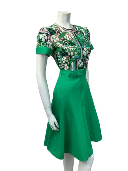 VTG 60S GREEN PINK WHITE FLORAL CLOVER A LINE BELTED SWING ROCKABILLY DRESS 8