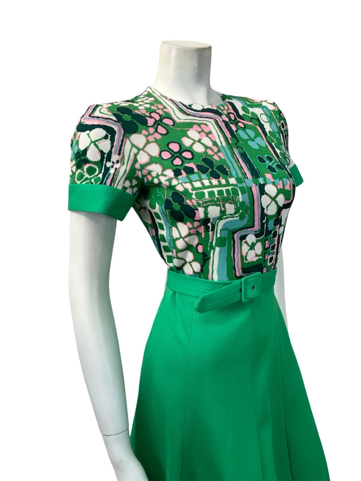 VTG 60S GREEN PINK WHITE FLORAL CLOVER A LINE BELTED SWING ROCKABILLY DRESS 8