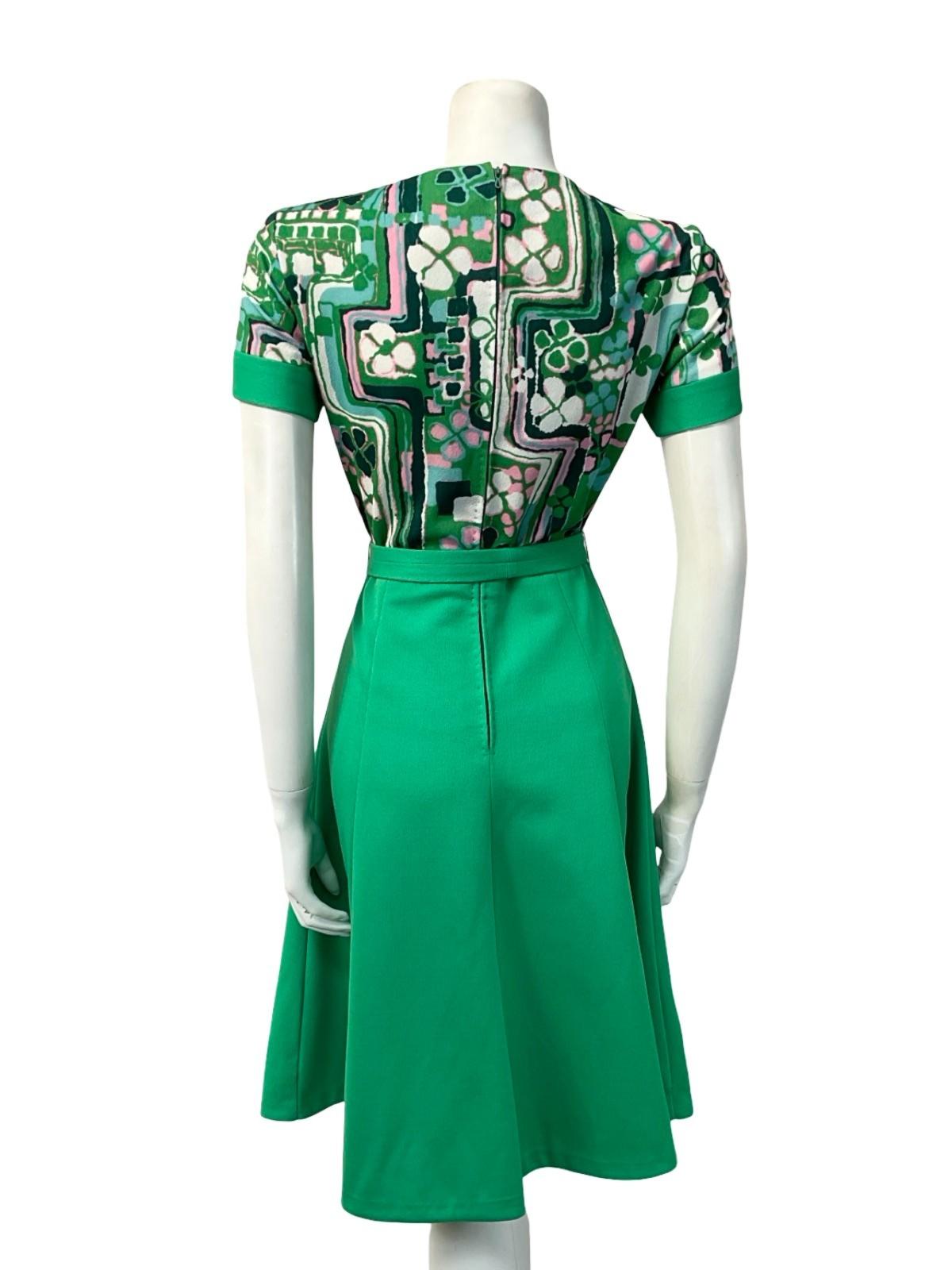 VTG 60S GREEN PINK WHITE FLORAL CLOVER A LINE BELTED SWING ROCKABILLY DRESS 8