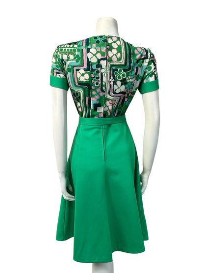 VTG 60S GREEN PINK WHITE FLORAL CLOVER A LINE BELTED SWING ROCKABILLY DRESS 8