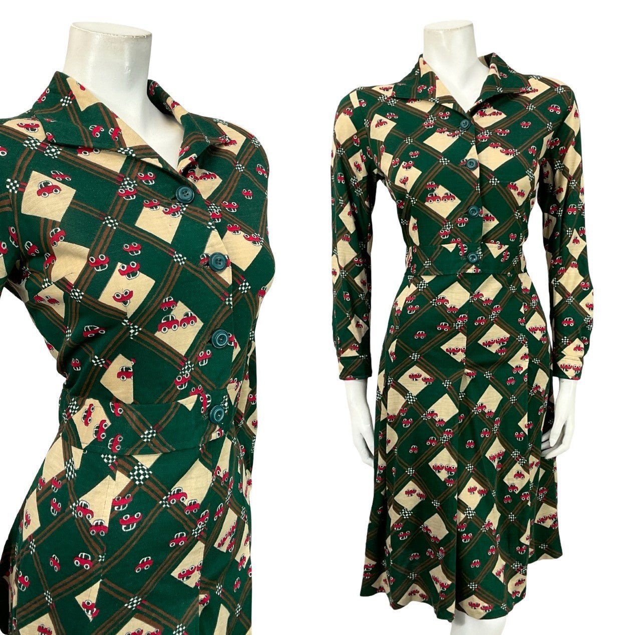 VTG 70S GREEN BIEGE RED PLEATED PLAID NOVELTY CAR OPEN COLLAR SHIRT DRESS 12