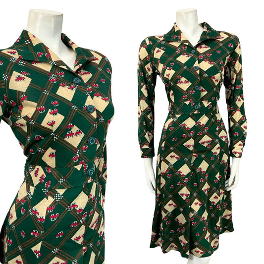 VTG 70S GREEN BIEGE RED PLEATED PLAID NOVELTY CAR OPEN COLLAR SHIRT DRESS 12
