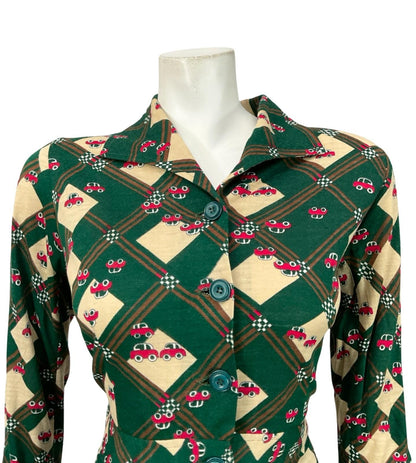 VTG 70S GREEN BIEGE RED PLEATED PLAID NOVELTY CAR OPEN COLLAR SHIRT DRESS 12