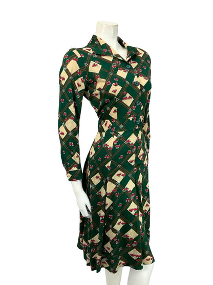 VTG 70S GREEN BIEGE RED PLEATED PLAID NOVELTY CAR OPEN COLLAR SHIRT DRESS 12