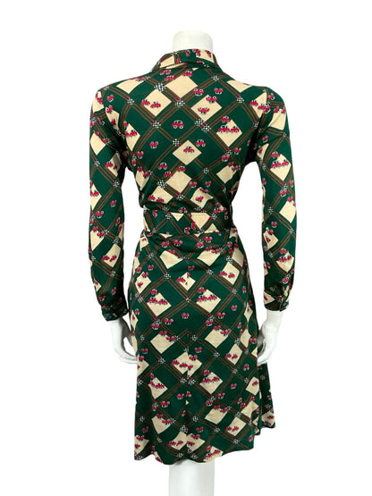 VTG 70S GREEN BIEGE RED PLEATED PLAID NOVELTY CAR OPEN COLLAR SHIRT DRESS 12
