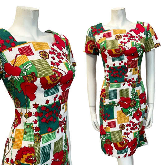 VTG 60S WHITE RED GREEN YELLOW DOTTY FLORAL GEOMETRIC MOD SQUARE NECK DRESS 10