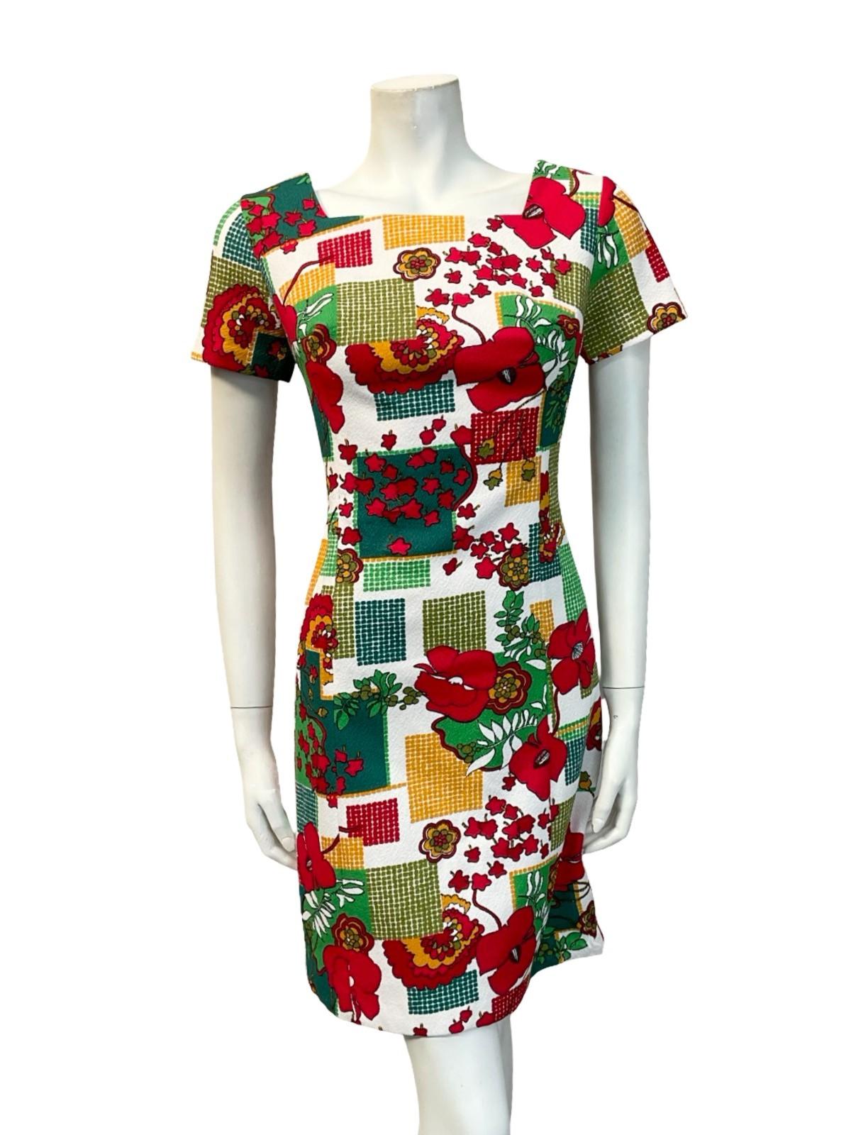 VTG 60S WHITE RED GREEN YELLOW DOTTY FLORAL GEOMETRIC MOD SQUARE NECK DRESS 10