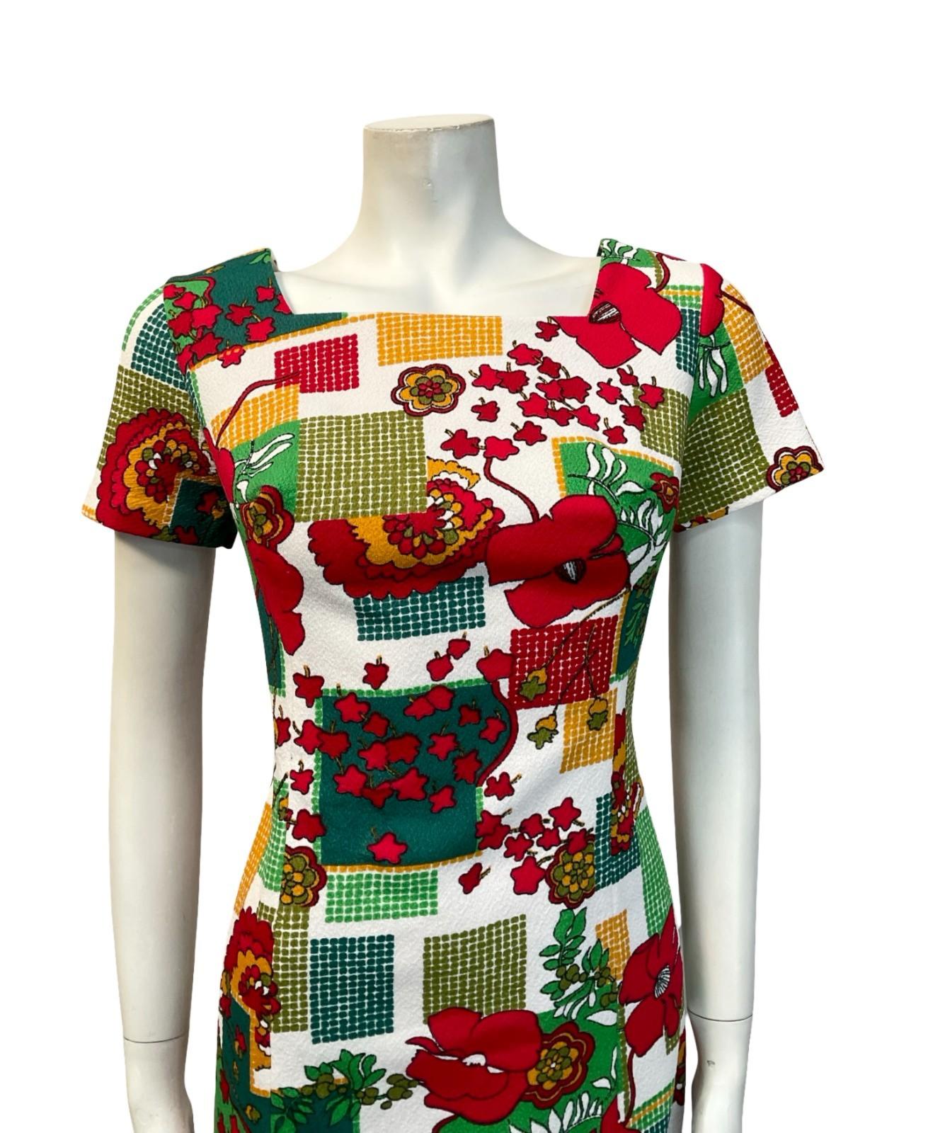VTG 60S WHITE RED GREEN YELLOW DOTTY FLORAL GEOMETRIC MOD SQUARE NECK DRESS 10