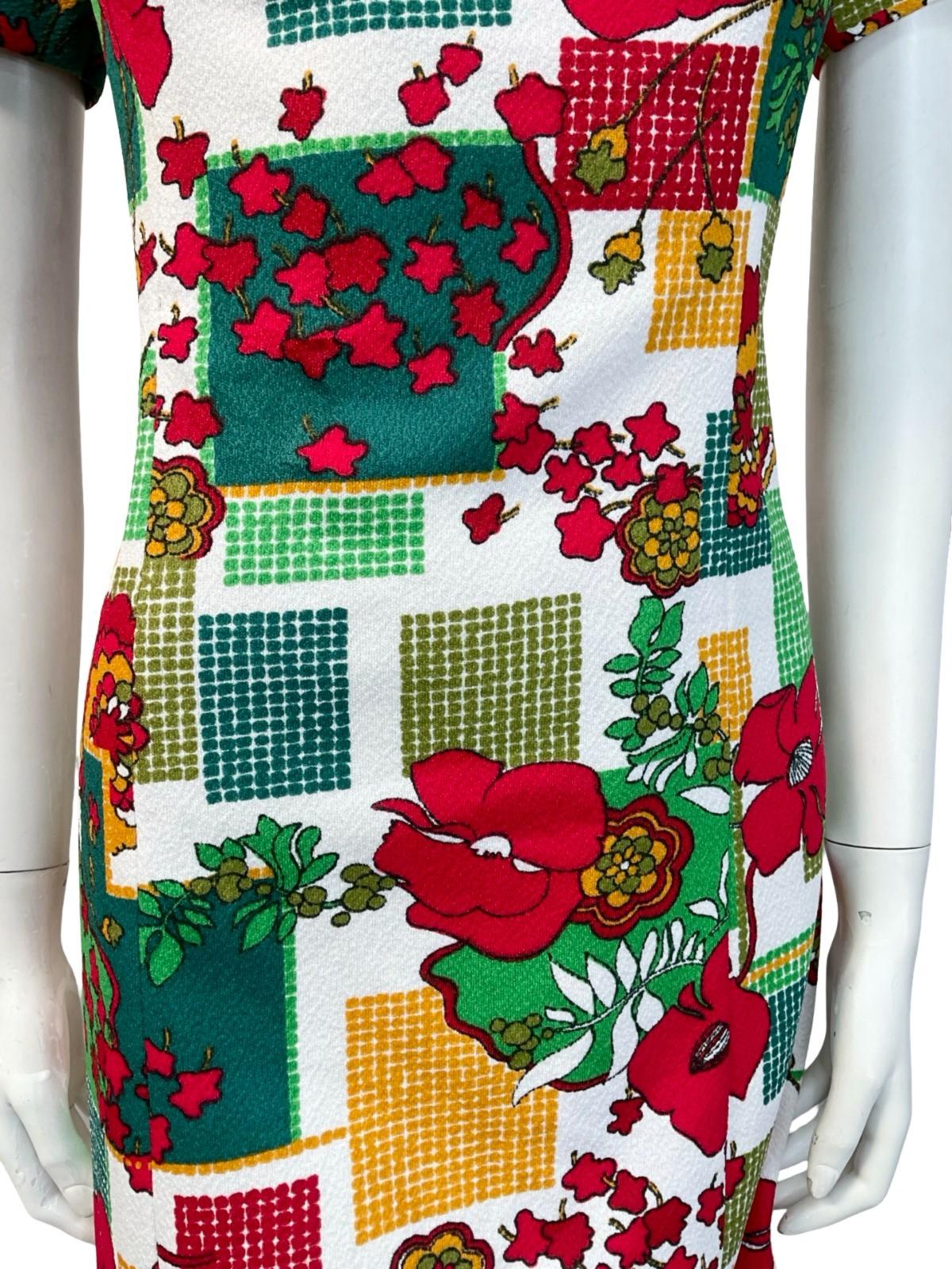 VTG 60S WHITE RED GREEN YELLOW DOTTY FLORAL GEOMETRIC MOD SQUARE NECK DRESS 10