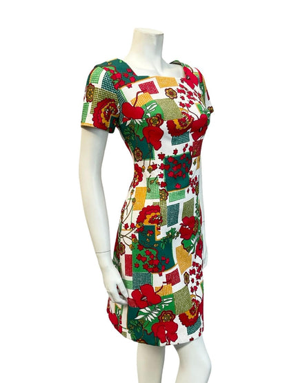 VTG 60S WHITE RED GREEN YELLOW DOTTY FLORAL GEOMETRIC MOD SQUARE NECK DRESS 10