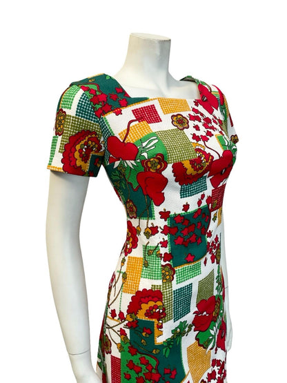 VTG 60S WHITE RED GREEN YELLOW DOTTY FLORAL GEOMETRIC MOD SQUARE NECK DRESS 10