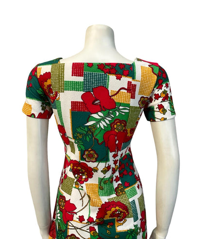 VTG 60S WHITE RED GREEN YELLOW DOTTY FLORAL GEOMETRIC MOD SQUARE NECK DRESS 10