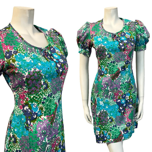 VTG 60S BLUE GREEN PINK WHITE FLORAL PUFF SLEEVE SCOOP NECK BOW MINI DRESS 8