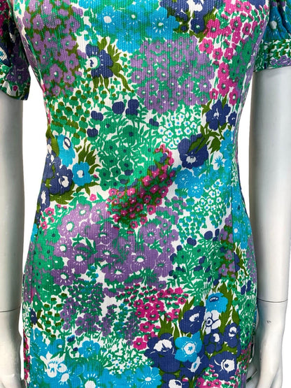 VTG 60S BLUE GREEN PINK WHITE FLORAL PUFF SLEEVE SCOOP NECK BOW MINI DRESS 8