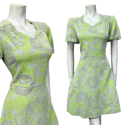 VTG 60S LIME GREEN SILVER GLITTERY LUREX SWEETHEART FLORAL SWING DRESS 12