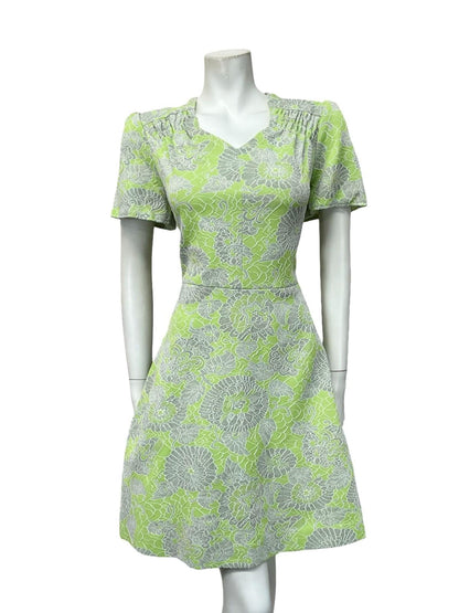 VTG 60S LIME GREEN SILVER GLITTERY LUREX SWEETHEART FLORAL SWING DRESS 12