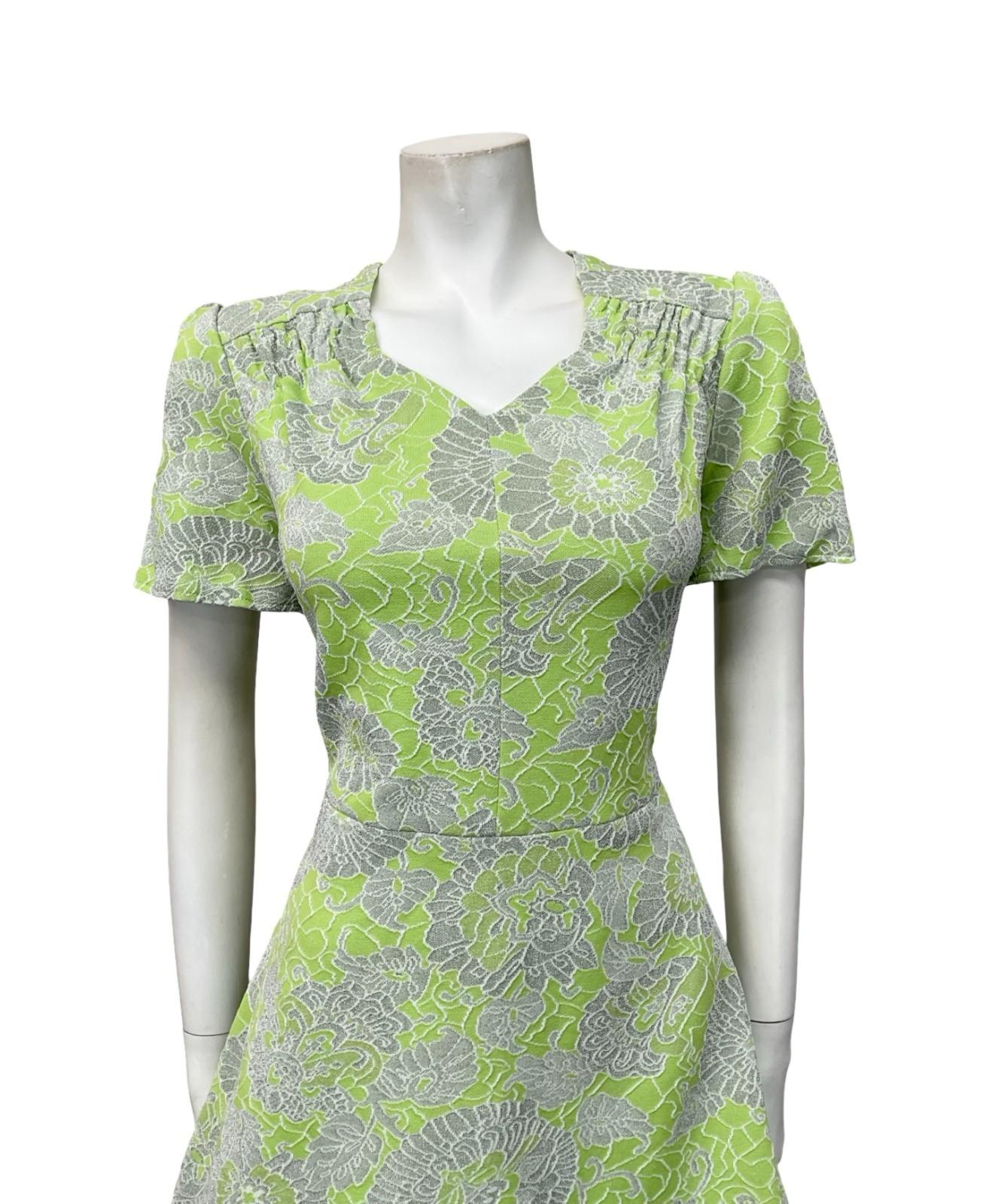 VTG 60S LIME GREEN SILVER GLITTERY LUREX SWEETHEART FLORAL SWING DRESS 12